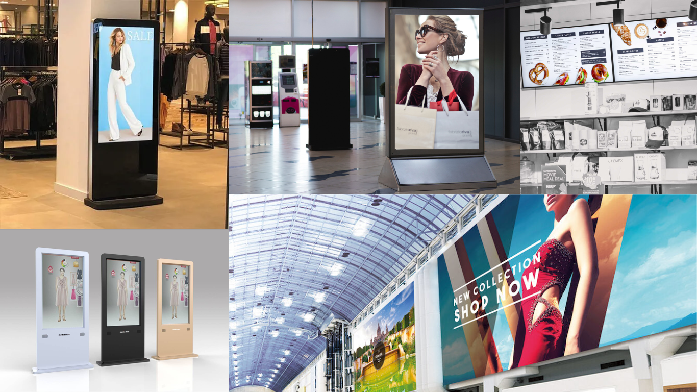 Digital signage displayed in various settings, showcasing the work of Pinpoint Media, a specialist in digital signage solutions.